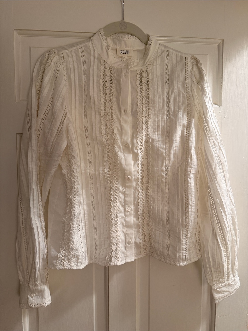Sezane Ivory Lace-Trim Button Down Blouse